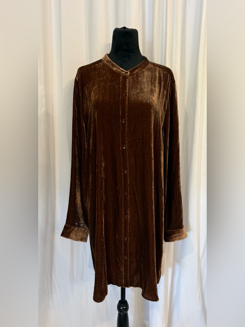 Eileen Fisher Nutmeg Silk Velvet Mandarin Collar Tunic Shirt Dress